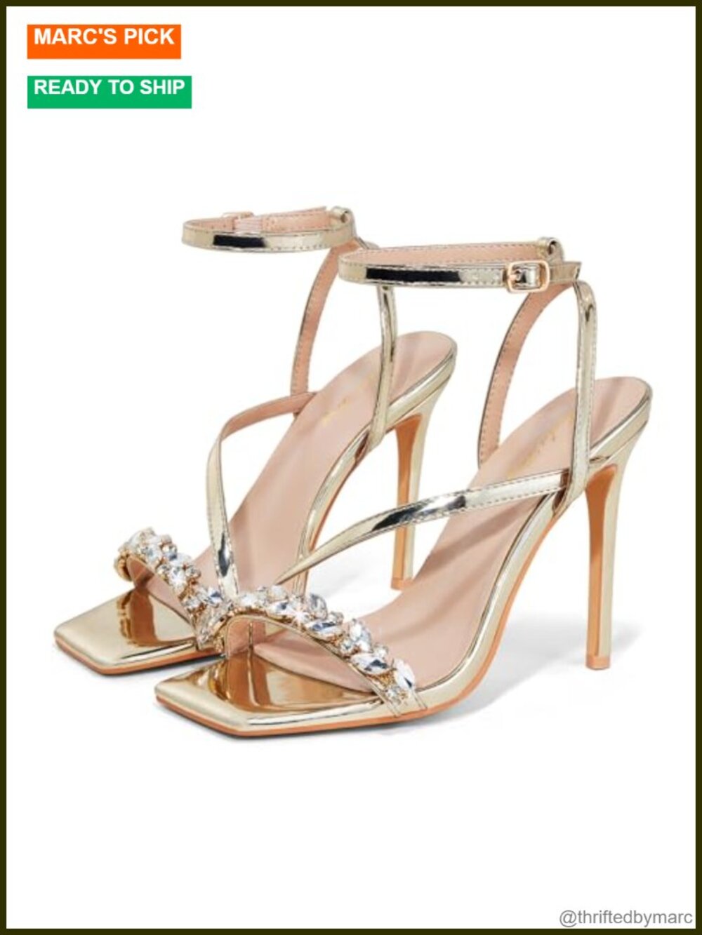 Women's Strappy Stiletto Heeled Sandals 4 inch Square Open Toe Rhinestone Ankle